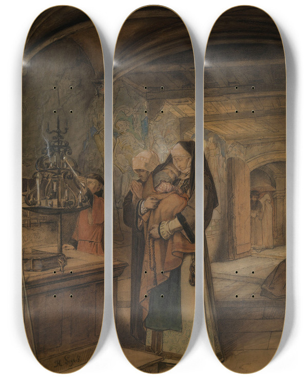 Triptych art skateboard deck of Jan August Hendrik Leys The Catholic Women by Jan August Hendrik Leys (1815-1869)