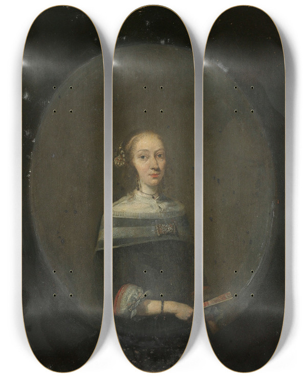 Triptych art skateboard deck of Gerard Ter Borch Portrait Of A Woman_1 by Gerard Ter Borch (1617-1681)