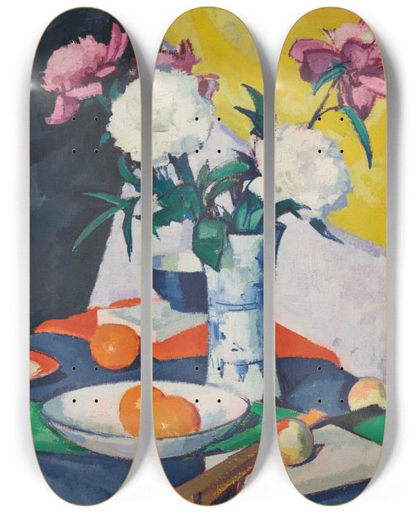 Triptych art skateboard deck of Samuel John Peploe Flowers And Fruit by Samuel John Peploe (1871-1935)