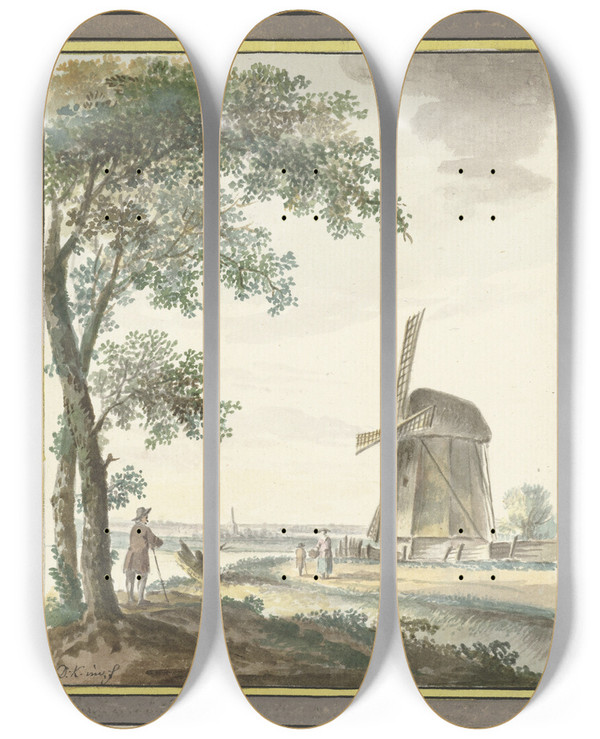 Triptych art skateboard deck of Dirk Kuipers Landschap Met Molen by Dirk Kuipers (1733-1796)