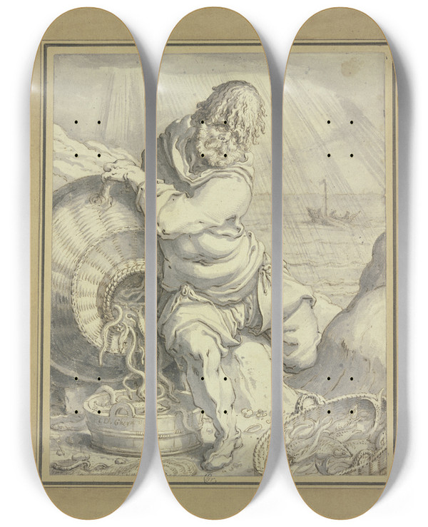 Triptych art skateboard deck of Jacob De Gheyn Ii The Phlegmatic by Jacob de Gheyn II (1565-1629)