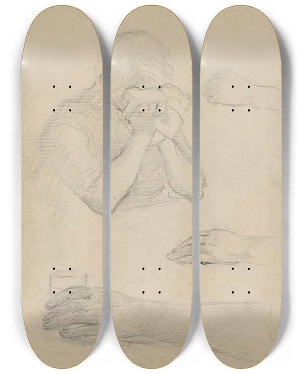 Triptych art skateboard deck of Gustv Mall Sketch Of Crying Woman And Detailed Hands Study by Gustav Mally (1879-1952)