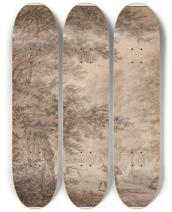 Triptych art skateboard deck of Herman Saftleven Travelers In A Forest by Herman Saftleven (1609-1685)