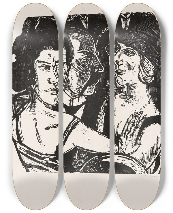 Triptych art skateboard deck of Max Beckmann Gruppenbildnis Edenbar by Max Beckmann (1884-1950)