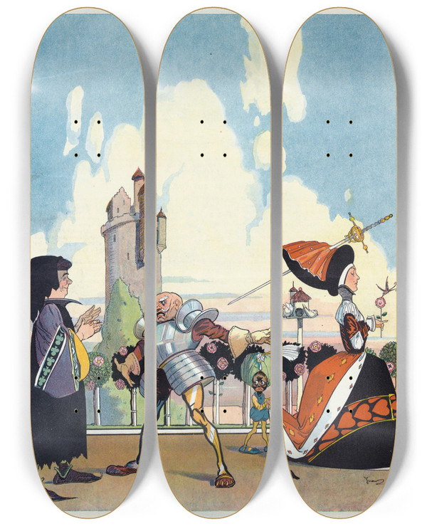 Triptych art skateboard deck of Gordon Ross As It Was In 1400 by Gordon Ross (1873-1946)
