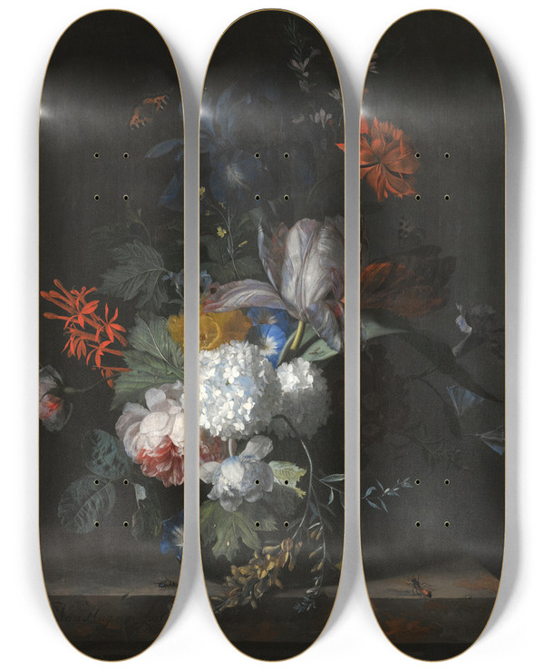 Triptych art skateboard deck of Jan Van Huysum A Still Life With Hydrangea Convolvulus Polyanthus Peonies Auricula Carnation Tulips Snowballs And Other Flowers In A Glass Vase by Jan Van Huysum (1682-1749)