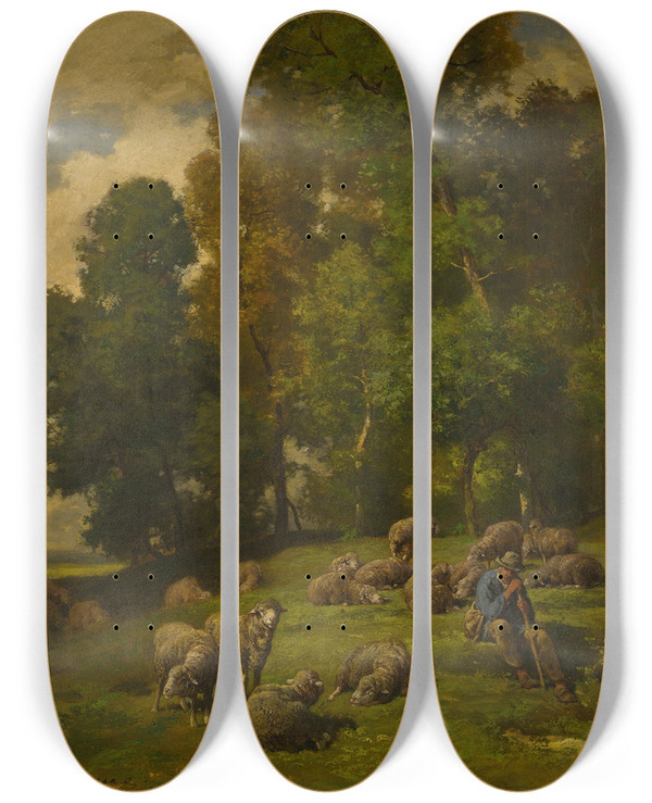 Triptych art skateboard deck of Charles Emile Jacque Shepherd In A Field With His Flock by Charles Emile Jacque (1813-1894)