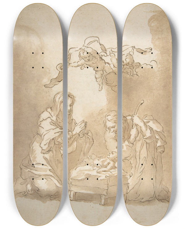 Triptych art skateboard deck of Bartolom Estebn Murillo The Nativity_1 by Bartolome Esteban Murillo (1617-1682)