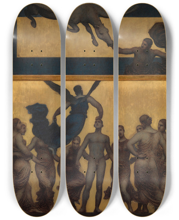Triptych art skateboard deck of Xavier Mellery The Inspiration by Xavier Mellery (1845-1921)