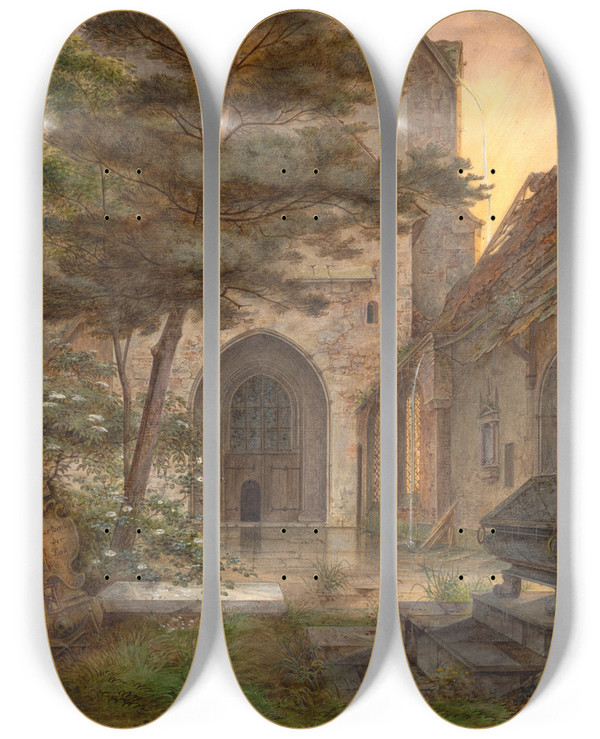 Triptych art skateboard deck of Ernst Ferdinand Oehme A Portal Of A Church by Ernst Ferdinand Oehme (1797-1855)