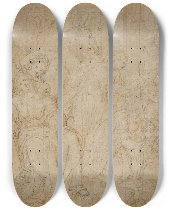 Triptych art skateboard deck of Camillo Procaccini The Birth Of Saint Francis Of Assisi by Camillo Procaccini (1546-1629)
