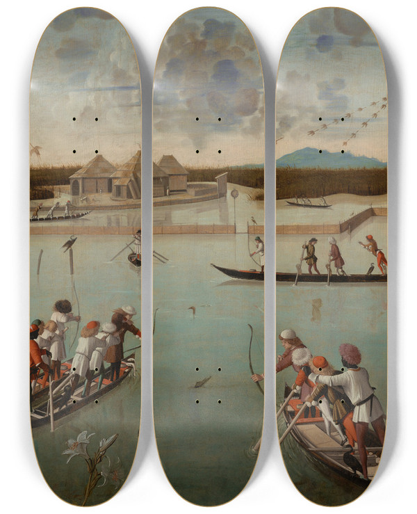 Triptych art skateboard deck of Vittore Carpaccio Hunting On The Lagoon by Vittore Carpaccio (1465-1525)