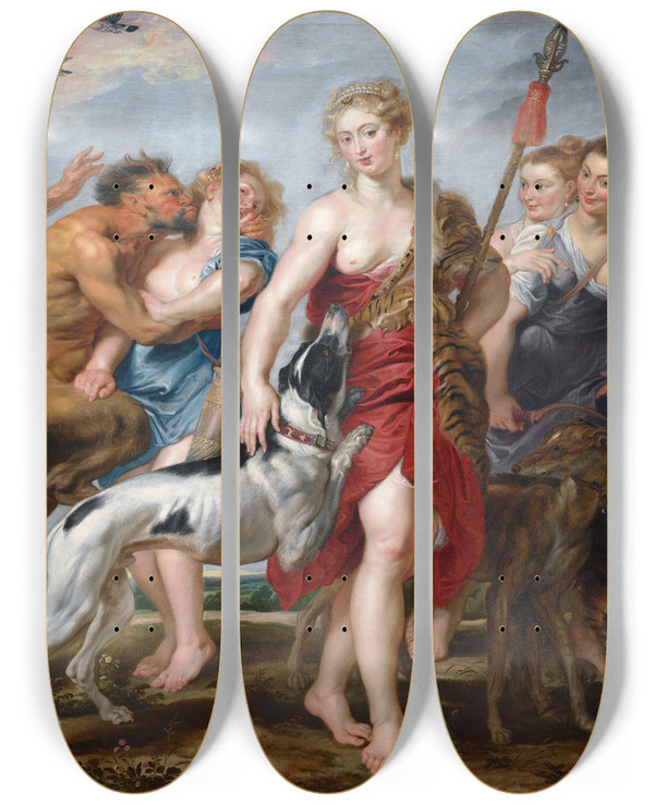 Triptych art skateboard deck of Peter Paul Rubens Diana And Her Nymphs Departing For The Hunt by Peter Paul Rubens (1577-1640)
