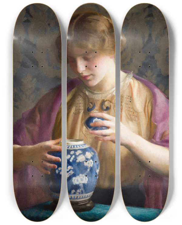 Triptych art skateboard deck of William Mcgregor Paxton The Blue Jar by William Mcgregor Paxton (1869-1941)