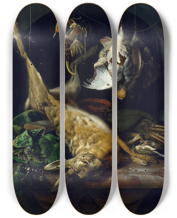 Triptych art skateboard deck of Jan Weenix Still Life Of A Dead Hare Partridges And Other Birds In A Niche by Jan Weenix (1641-1719)