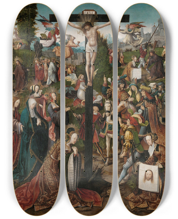 Triptych art skateboard deck of Jacob Cornelisz Van Oostsanen The Crucifixion by Jacob Cornelisz Van Oostsanen (1470-1533)