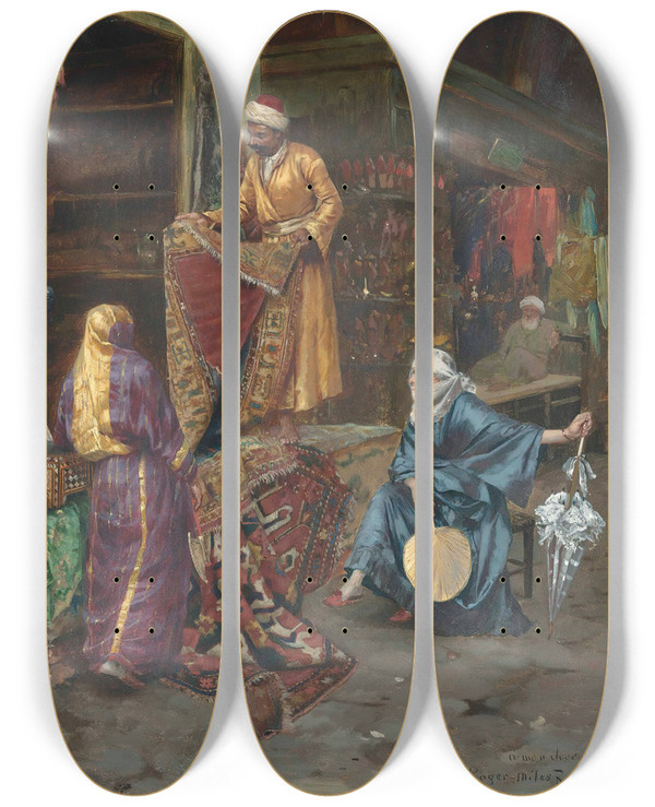 Triptych art skateboard deck of Rudolf Ernst The Carpet Seller by Rudolf Ernst (1854-1932)