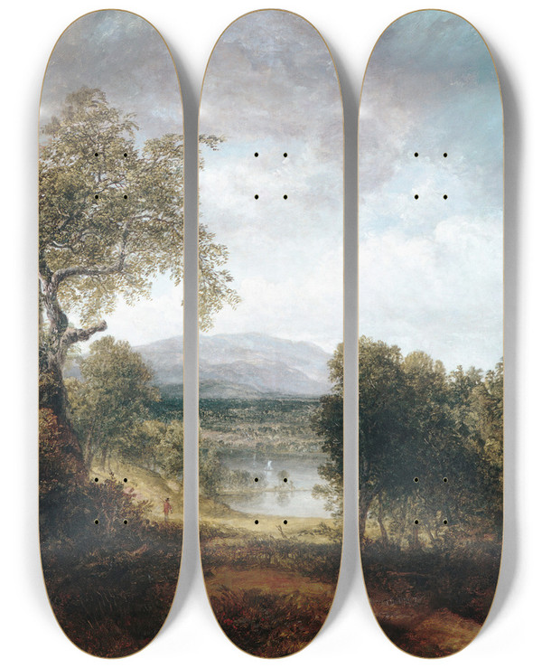Triptych art skateboard deck of Thomas Doughty A River Glimpse by Thomas Doughty (1793-1856)