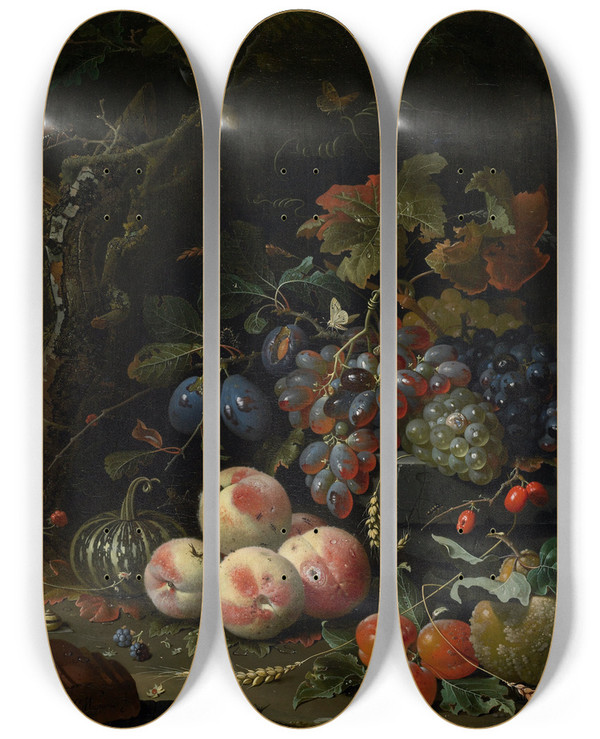 Triptych art skateboard deck of Abraham Mignon Still Life With Fruits Foliage And Insects by Abraham Mignon (1640-1679)