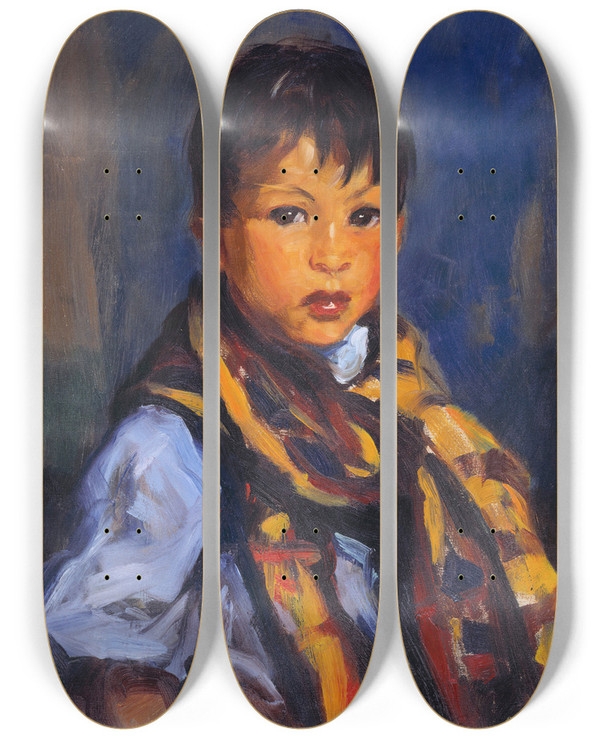 Triptych art skateboard deck of Robert Henri Boy With Plaid Scarf by Robert Henri (1865-1929)