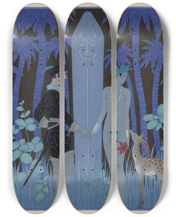 Triptych art skateboard deck of George Barbier Pocohontas Meeting John Smith by George Barbier (1882-1932)