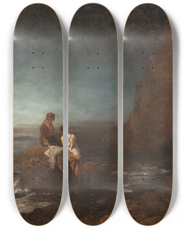 Triptych art skateboard deck of Oswald Achenbach Night By The Beach Of Naples by Oswald Achenbach (1827-1905)