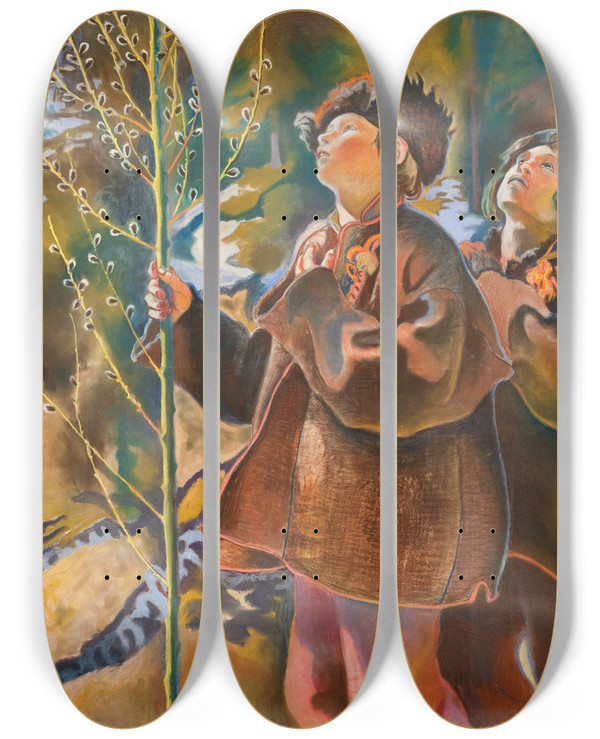 Triptych art skateboard deck of Kazimierz Sichulski Palm Sunday Triptych Hutsul Boys With Catkins by Kazimierz Sichulski (1879-1942)