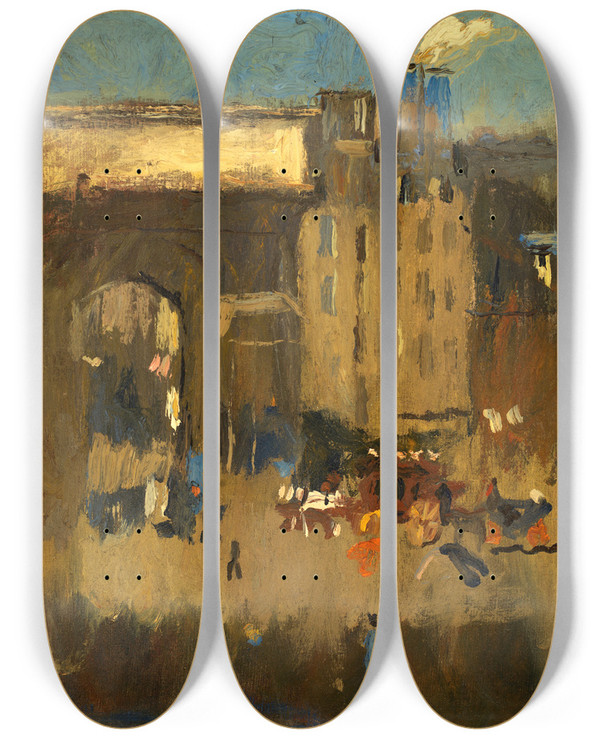 Triptych art skateboard deck of Frank Edwin Scott Porte St Martin Et Enterrement by Frank Edwin Scott (1863-1929)