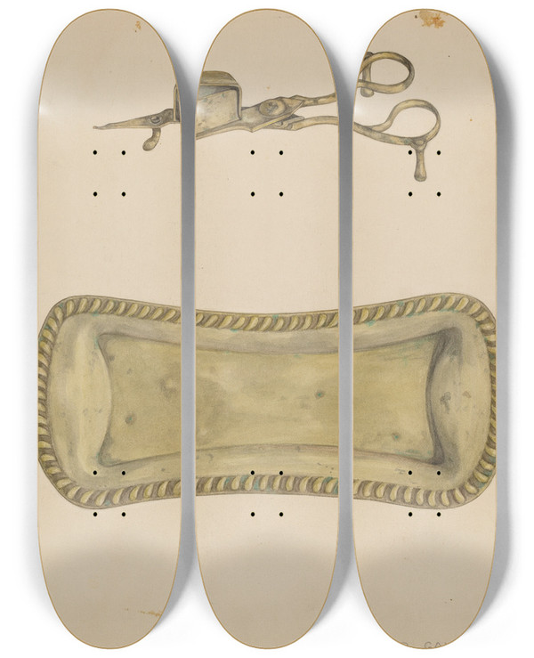 Triptych art skateboard deck of Eleanor Gausser Candle Snuffer And Tray by Eleanor Gausser