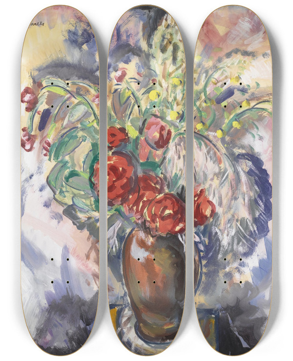 Triptych art skateboard deck of Alfred Henry Maurer Still Life With Roses In A Vase by Alfred Henry Maurer (1868-1932)