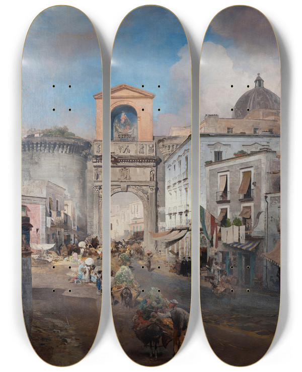 Triptych art skateboard deck of Oswald Achenbach Going To Market by Oswald Achenbach (1827-1905)