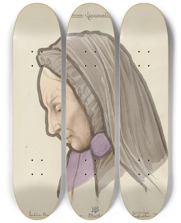 Triptych art skateboard deck of Eduard Von Steinle Portrait Of Gertrude Brentano by Eduard Von Steinle (1810-1886)