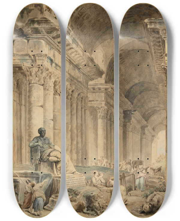 Triptych art skateboard deck of Hubert Robert Gewlbte Sulengalerie Mit Antikischer Sitzstatue by Hubert Robert (1733-1808)