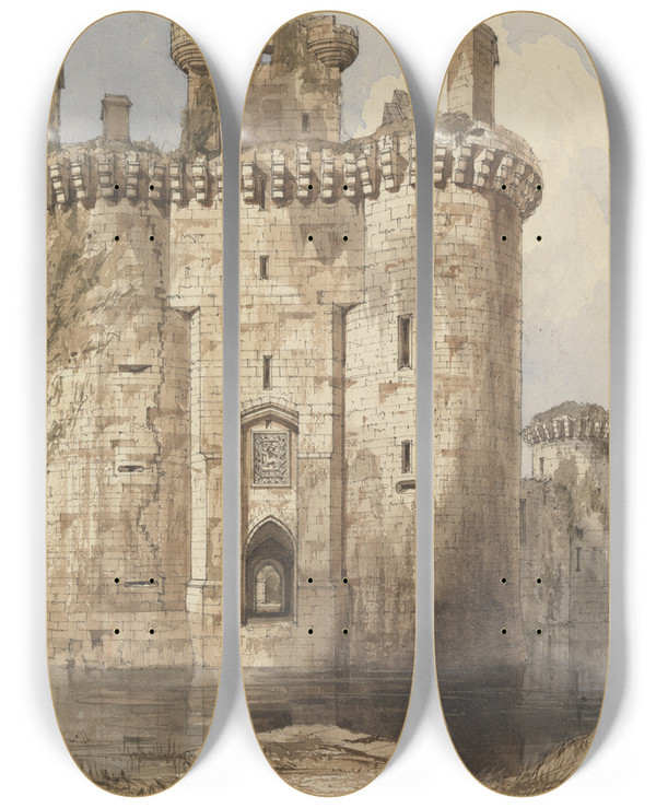 Triptych art skateboard deck of Robert William Billings Caerlaverock Castle Entrance Gateway And Flanking Towers by Robert William Billings (1812-1874)