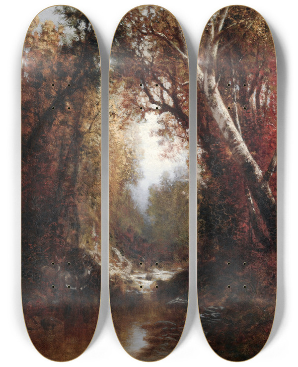 Triptych art skateboard deck of William Hart Autumn Scene In The Adirondacks by William Hart (1823-1894)