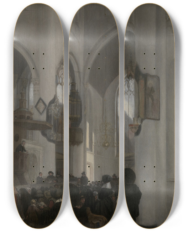 Triptych art skateboard deck of Emanuel De Witte Interior Of A Gothic Church by Emanuel de Witte (1617-1692)