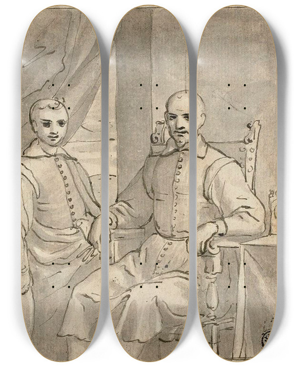 Triptych art skateboard deck of Bernardo Castello Portrait Of A Seated Ecclesiastic And A Standing Boy by Bernardo Castello (1557-1629)