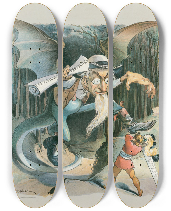 Triptych art skateboard deck of Udo Keppler The Free Silver Jabberwock by Udo Keppler (1872-1956)