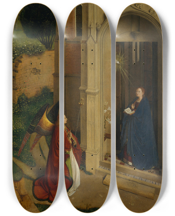 Triptych art skateboard deck of Petrus Christus The Annunciation by Petrus Christus (1410-1475)