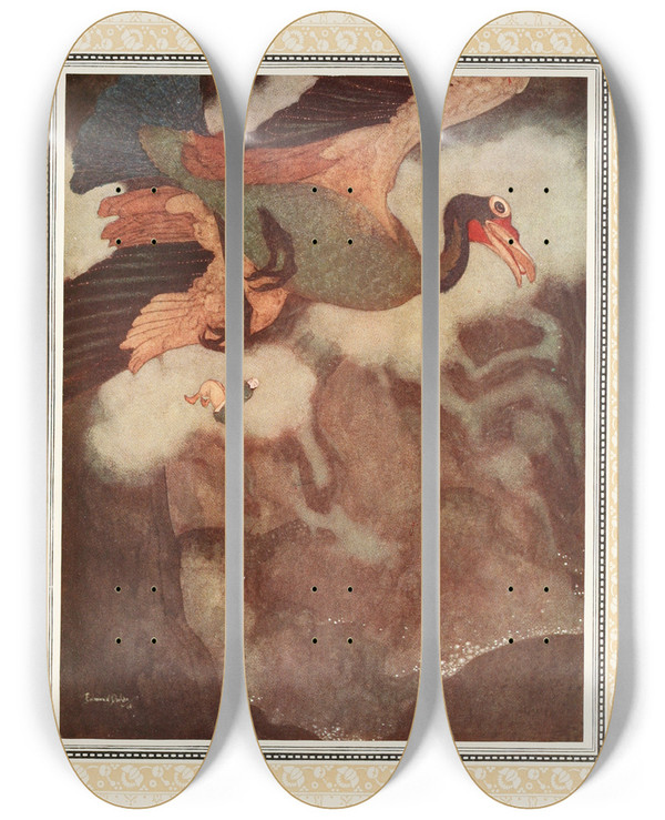 Triptych art skateboard deck of Edmund Dulac The Episode Of The Rokh by Edmund Dulac (1882-1953)