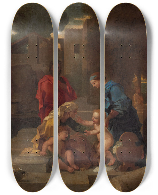 Triptych art skateboard deck of Sbastien Bourdon The Holy Family With Saint Elizabeth And The Infant Saint John The Baptist_1 by Sebastien Bourdon (1616-1671)