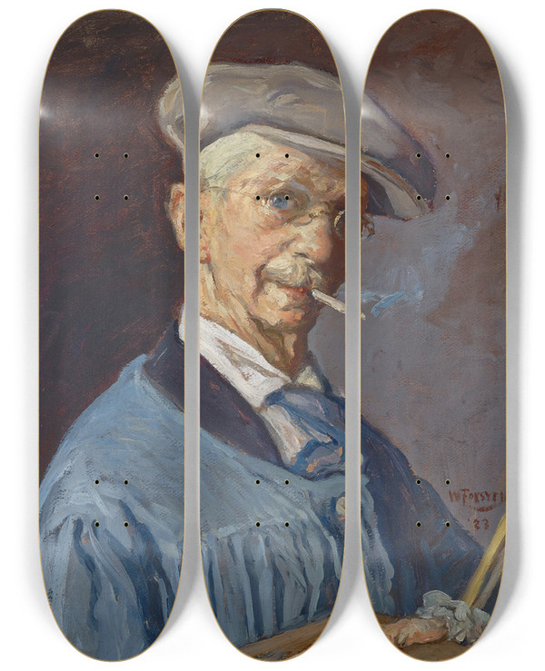 Triptych art skateboard deck of William J Forsyth The Painter Man by William J Forsyth (1854-1935)