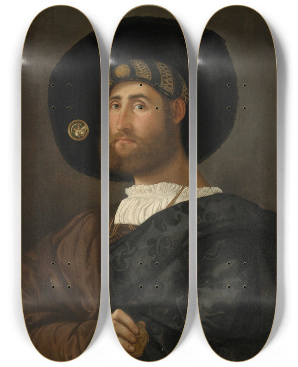 Triptych art skateboard deck of Lombard School Portrait Of A Bearded Man With A Sword by Lombard School