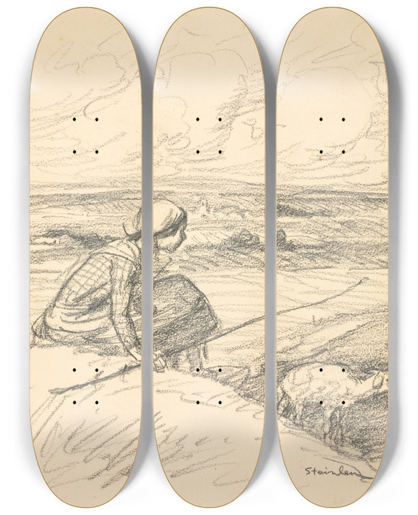 Triptych art skateboard deck of Thophile Alexandre Steinlen The Shepherdess by Theophile Alexandre Steinlen (1859-1923)