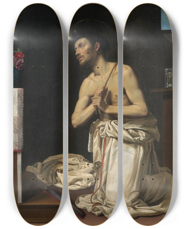 Triptych art skateboard deck of Filippo Tarchiani Saint Dominic In Penitence by Filippo Tarchiani (1576-1645)