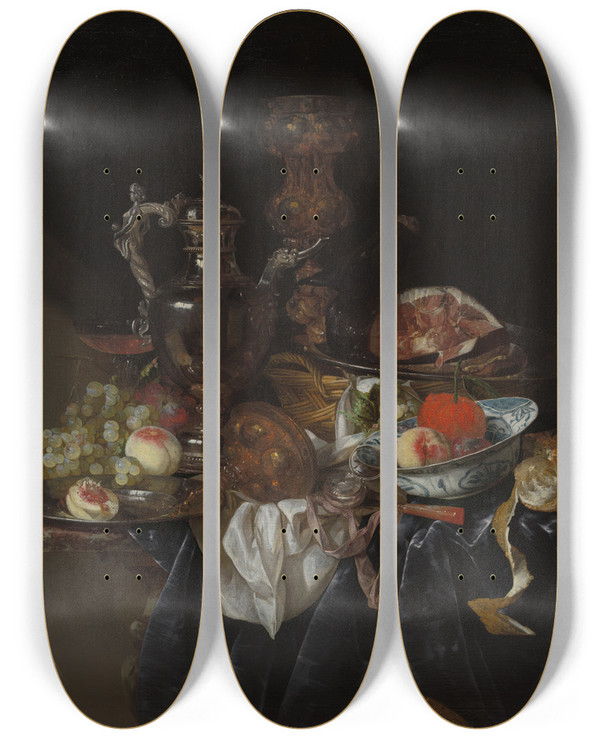 Triptych art skateboard deck of Abraham Van Beyeren Silver Wine Jug Ham And Fruit by Abraham Van Beyeren (1620-1690)