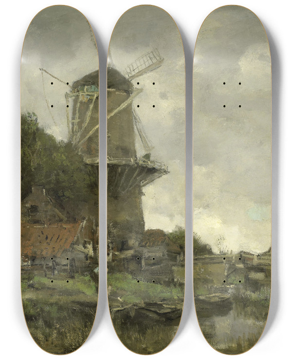 Triptych art skateboard deck of Jacob Maris The Windmill by Jacob Maris (1837-1899)