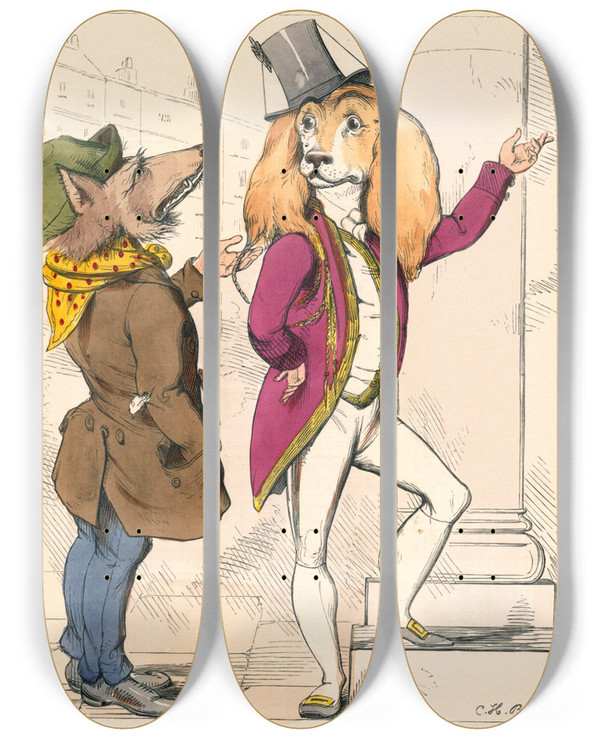 Triptych art skateboard deck of Charles Henry Bennett The Dog And The Wolf by Charles H Bennett (1828-1867)