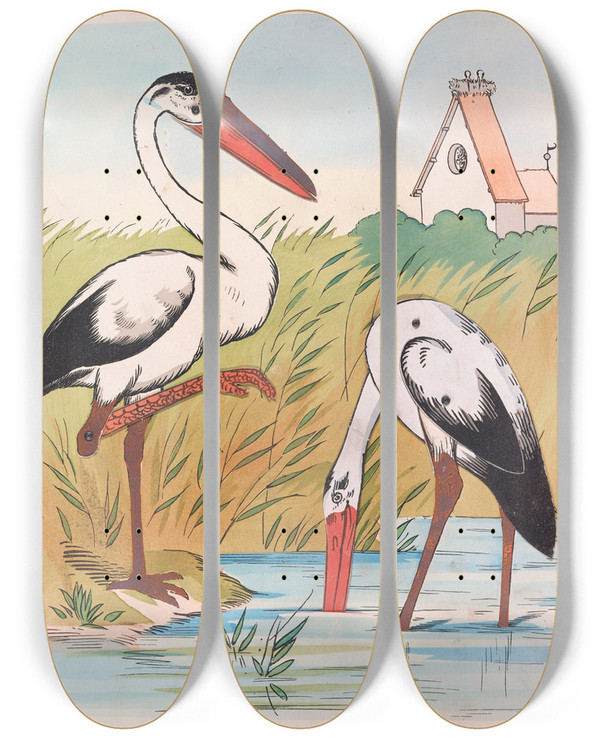 Triptych art skateboard deck of Lothar Meggendorfer The Storks by Lothar Meggendorfer (1847-1925)