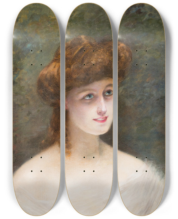 Triptych art skateboard deck of Edouard Alexandre Sain Portrait Of A Beauty With Red Hair by Edouard Alexandre Sain (1830-1910)